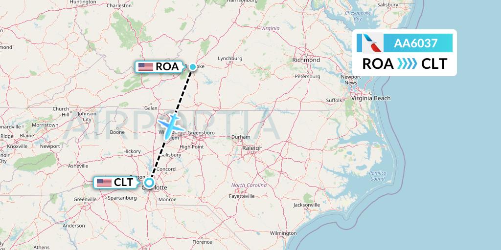 AA6037 American Airlines Flight Map: Roanoke to Charlotte