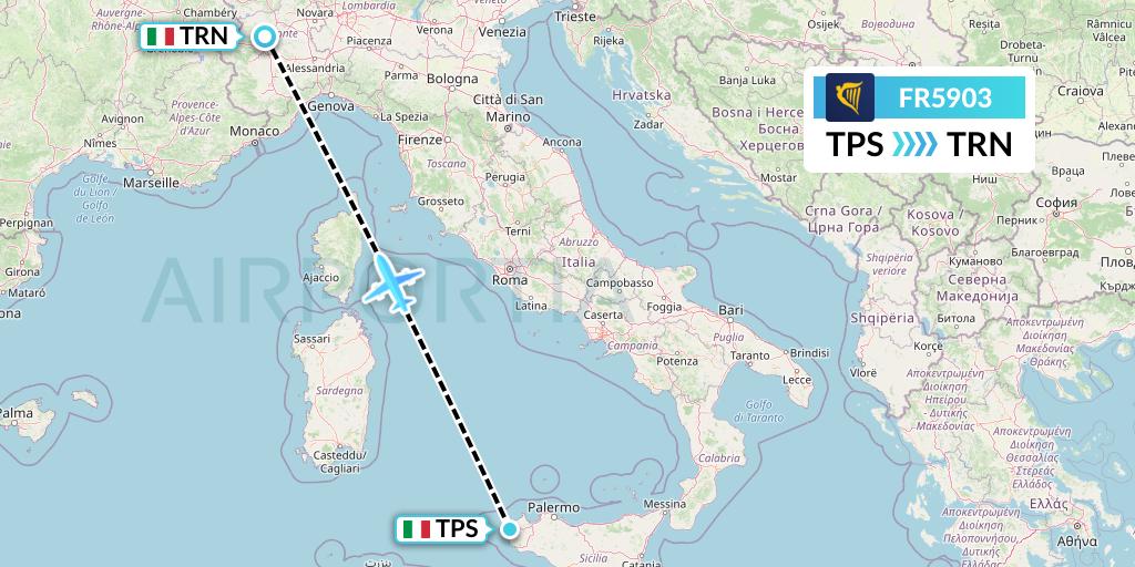 FR5903 Ryanair Flight Map: Trapani to Turin