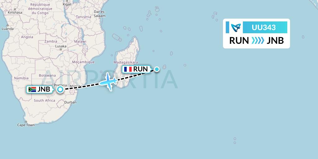 UU343 Air Austral Flight Map: Saint-Denis to Johannesburg