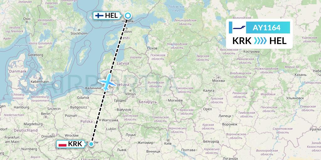 AY1164 Finnair Flight Map: Krakow to Helsinki