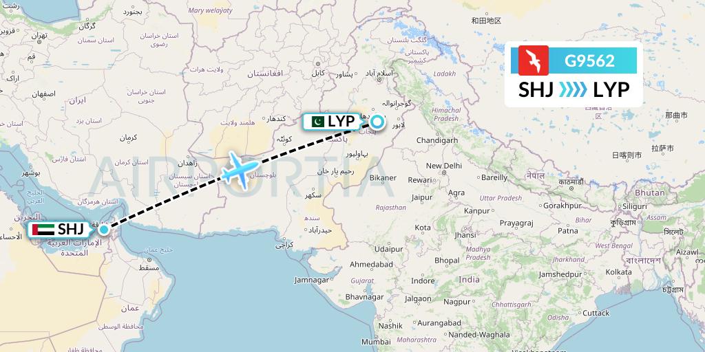 G9562 Air Arabia Flight Map: Sharjah to Faisalabad