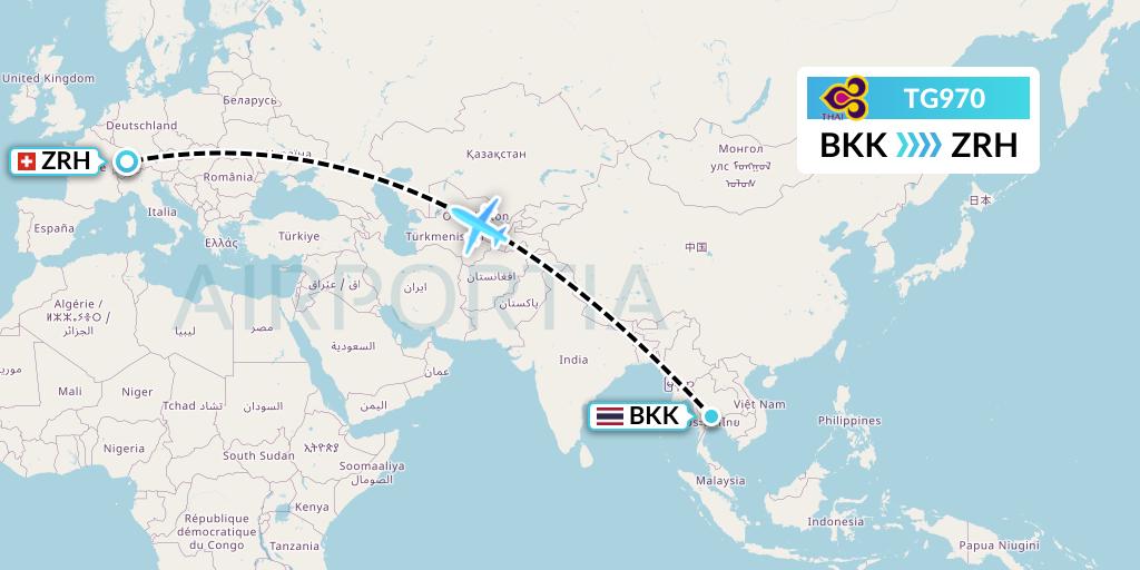 TG970 Thai Airways Flight Map: Bangkok to Zurich