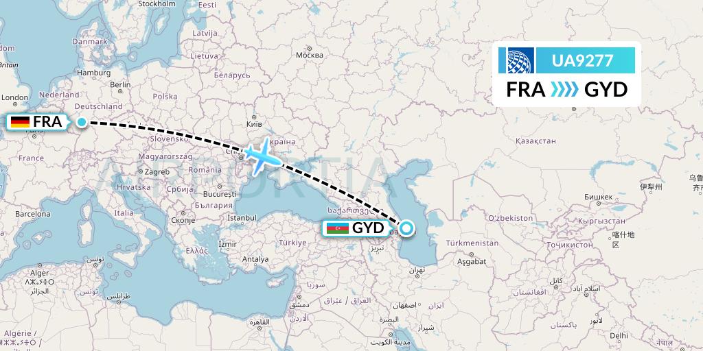 UA9277 United Airlines Flight Map: Frankfurt to Baku