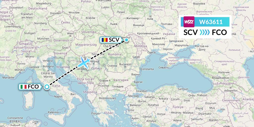 W63611 Wizz Air Flight Map: Suceava to Rome