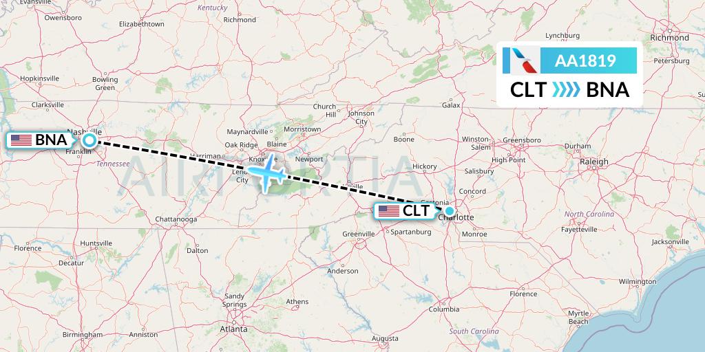 AA1819 American Airlines Flight Map: Charlotte to Nashville