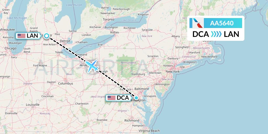 AA5640 American Airlines Flight Map: Washington to Lansing