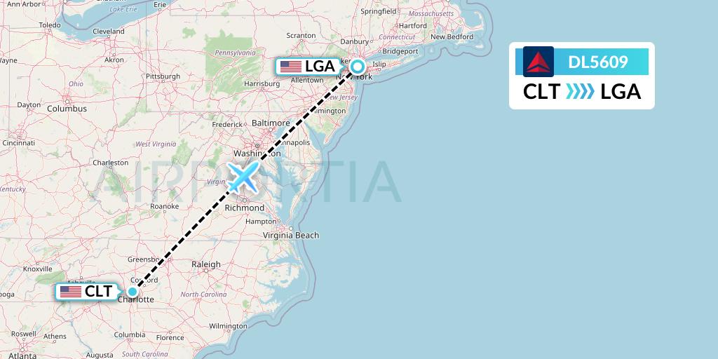 DL5609 Delta Air Lines Flight Map: Charlotte to New York