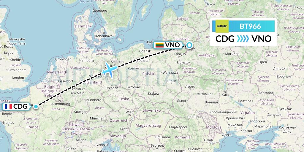 BT966 Air Baltic Flight Map: Paris to Vilnius