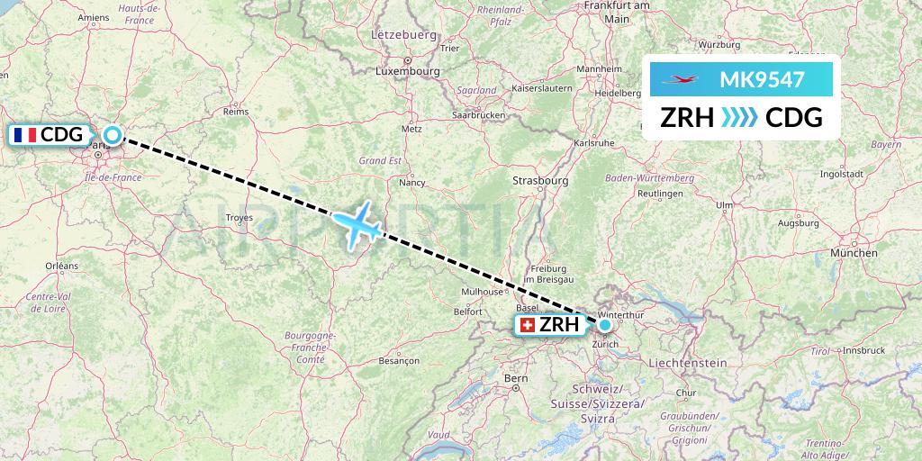 MK9547 Air Mauritius Flight Map: Zurich to Paris