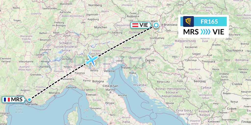 FR165 Ryanair Flight Map: Marseille to Vienna