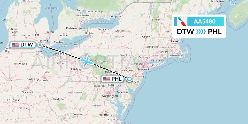 AA5480 American Airlines Flight Map: Detroit to Philadelphia