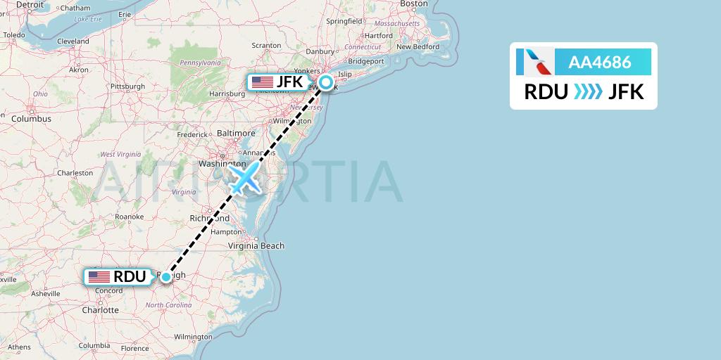 AA4686 American Airlines Flight Map: Raleigh-Durham to New York
