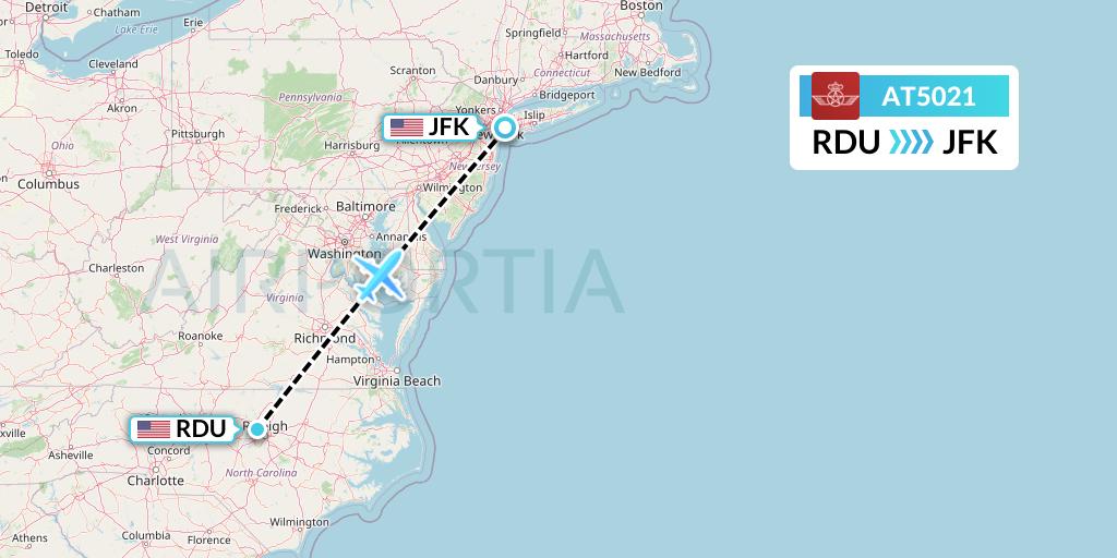 AT5021 Royal Air Maroc Flight Map: Raleigh-Durham to New York