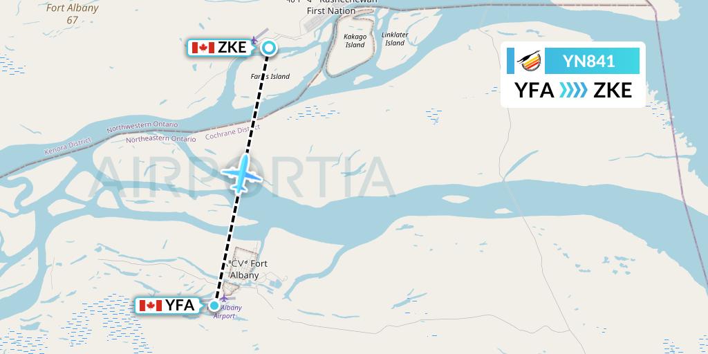 YN841 Air Creebec Flight Map: Fort Albany to Kashechewan