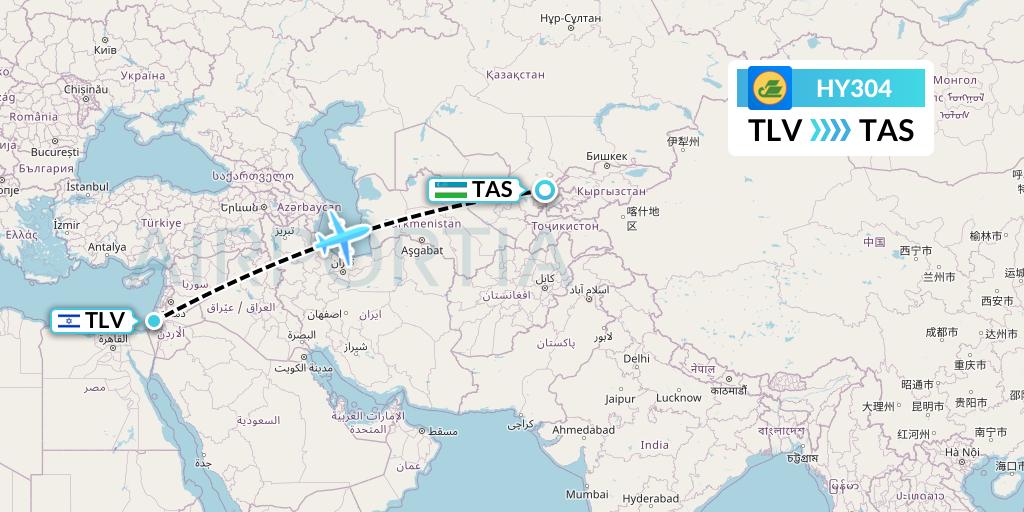 HY304 Uzbekistan Airways Flight Map: Tel Aviv to Tashkent