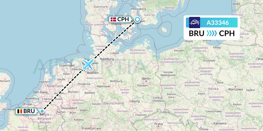 A33346 Aegean Airlines Flight Map: Brussels to Copenhagen