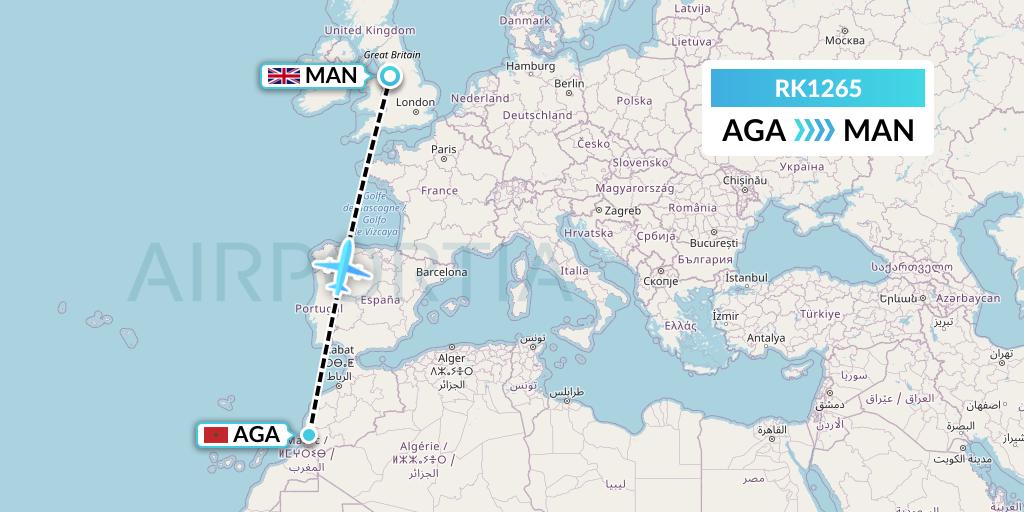 RK1265 Ryanair UK Flight Map: Agadir to Manchester
