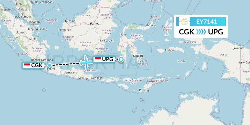 EY7141 Etihad Airways Flight Map: Jakarta to Makassar