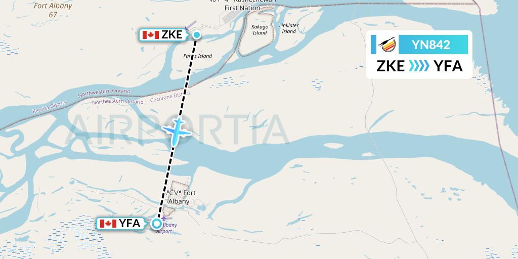 YN842 Air Creebec Flight Map: Kashechewan to Fort Albany
