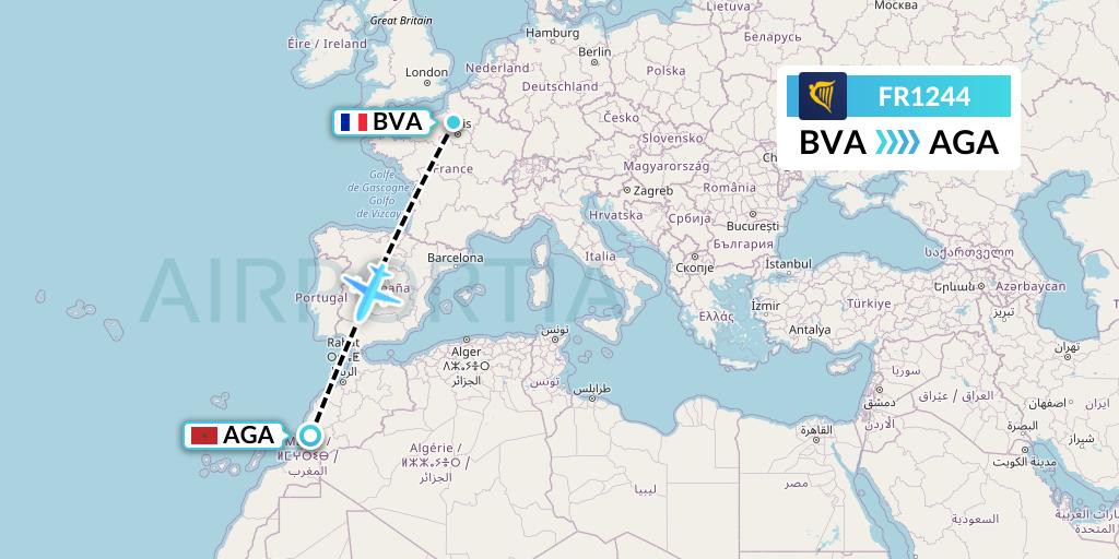 FR1244 Ryanair Flight Map: Paris to Agadir