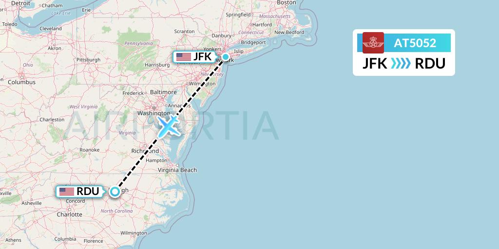 AT5052 Royal Air Maroc Flight Map: New York to Raleigh-Durham