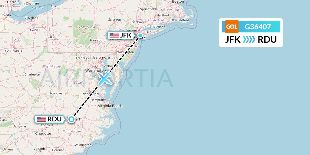G36407 GOL Transportes Aeros Flight Map: New York to Raleigh-Durham