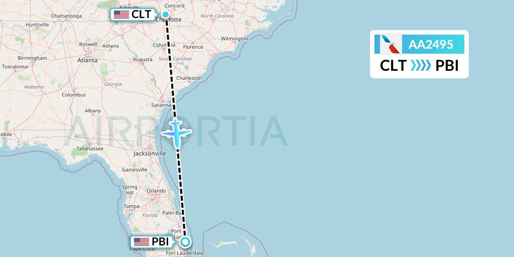 AA2495 American Airlines Flight Map: Charlotte to West Palm Beach