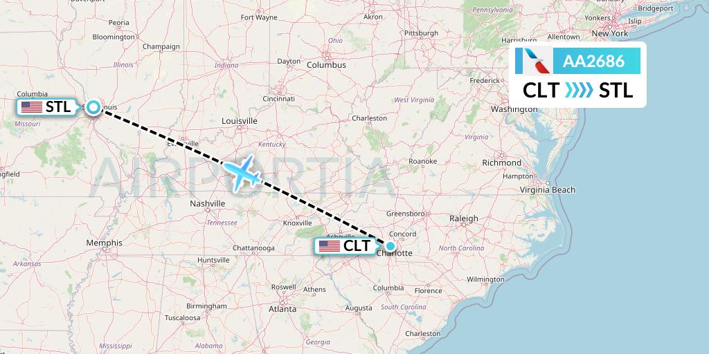 AA2686 American Airlines Flight Map: Charlotte to St. Louis