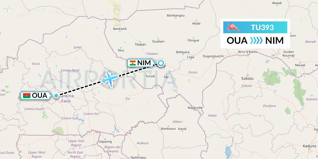 TU393 Tunisair Flight Map: Ouagadougou to Niamey