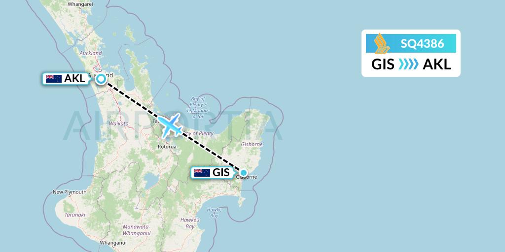 SQ4386 Singapore Airlines Flight Map: Gisborne to Auckland