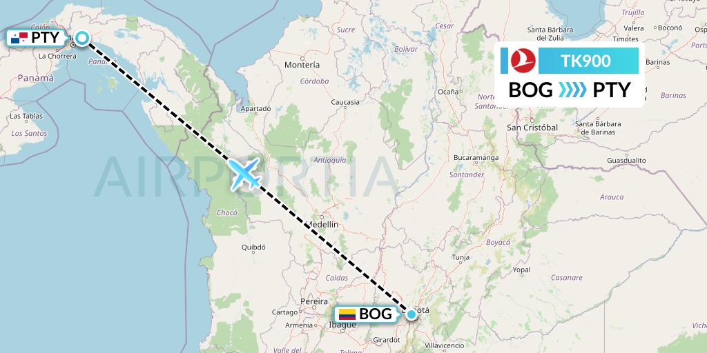 TK900 Turkish Airlines Flight Map: Bogota to Panama City