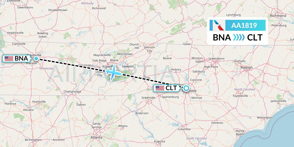 AA1819 American Airlines Flight Map: Nashville to Charlotte
