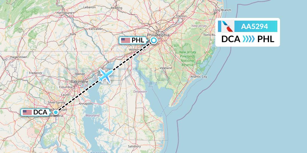 AA5294 American Airlines Flight Map: Washington to Philadelphia