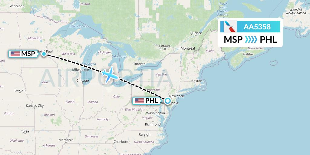 AA5358 American Airlines Flight Map: Minneapolis to Philadelphia
