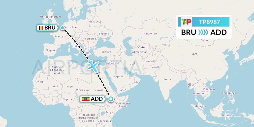TP8987 TAP Portugal Flight Map: Brussels to Addis Ababa