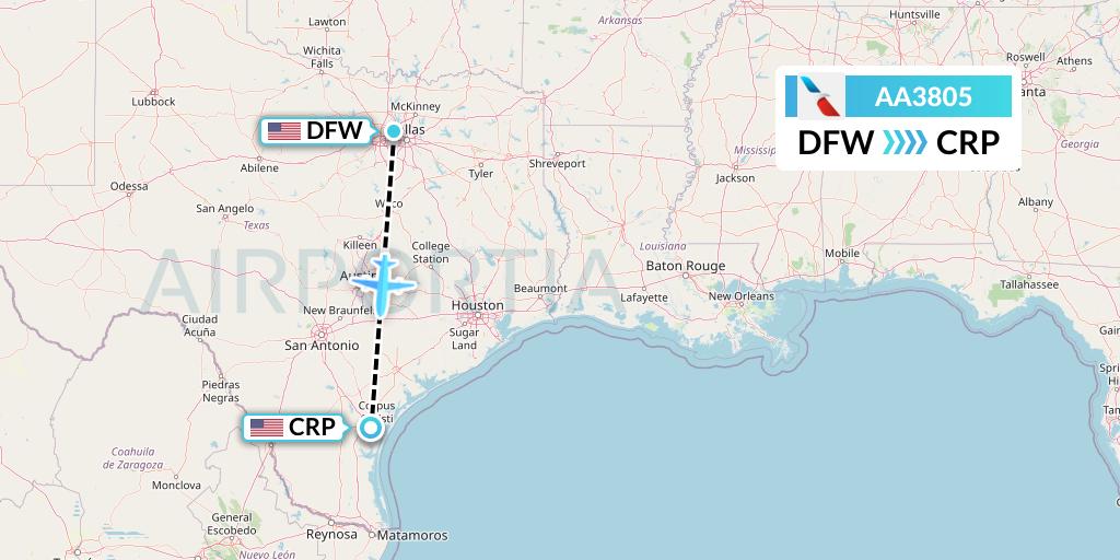 AA3805 American Airlines Flight Map: Dallas to Corpus Christi