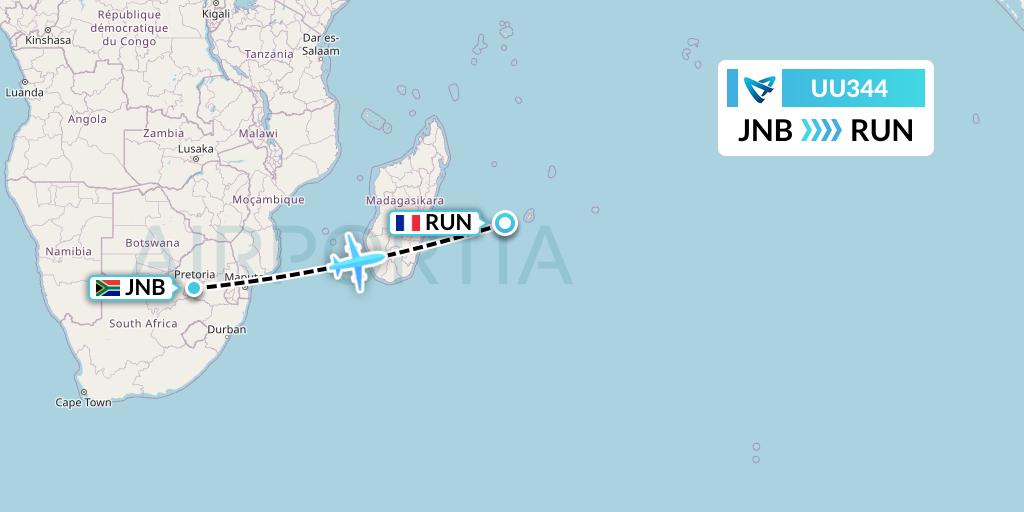 UU344 Air Austral Flight Map: Johannesburg to Saint-Denis
