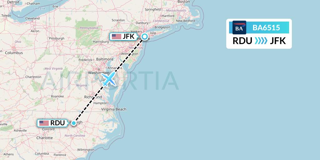 BA6515 British Airways Flight Map: Raleigh-Durham to New York