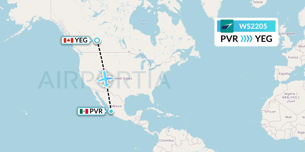WS2205 WestJet Flight Map: Puerto Vallarta to Edmonton