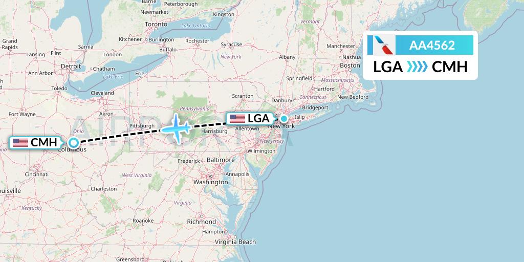AA4562 American Airlines Flight Map: New York to Columbus
