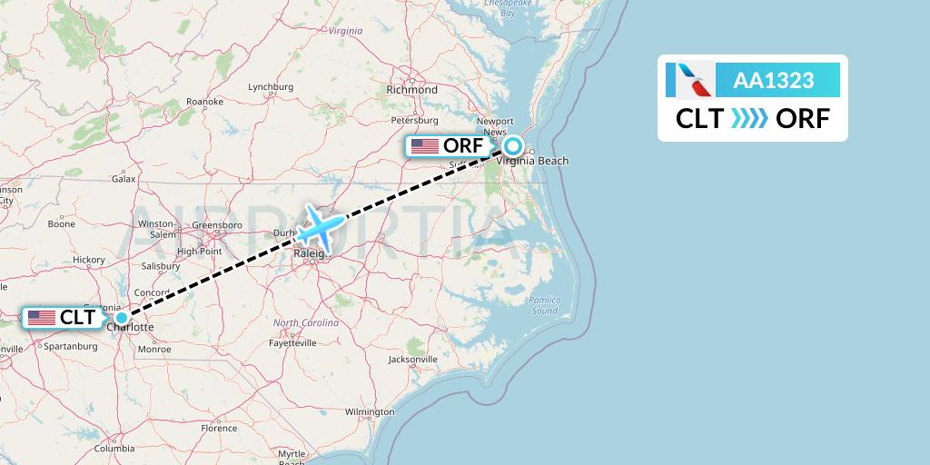AA1323 American Airlines Flight Map: Charlotte to Norfolk