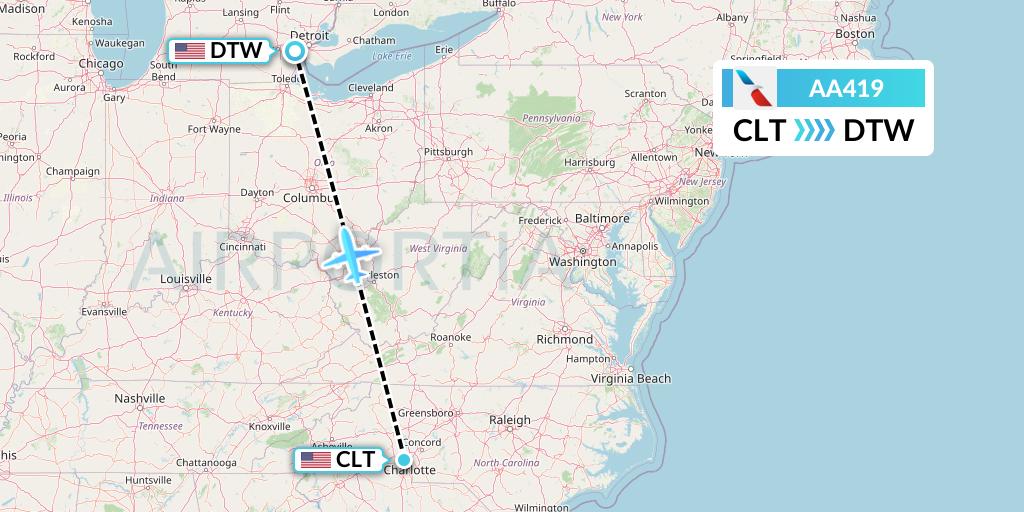 AA419 American Airlines Flight Map: Charlotte to Detroit