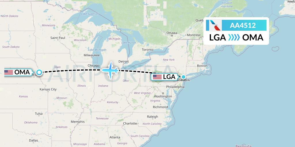 AA4512 American Airlines Flight Map: New York to Omaha