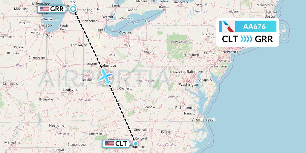 AA676 American Airlines Flight Map: Charlotte to Grand Rapids