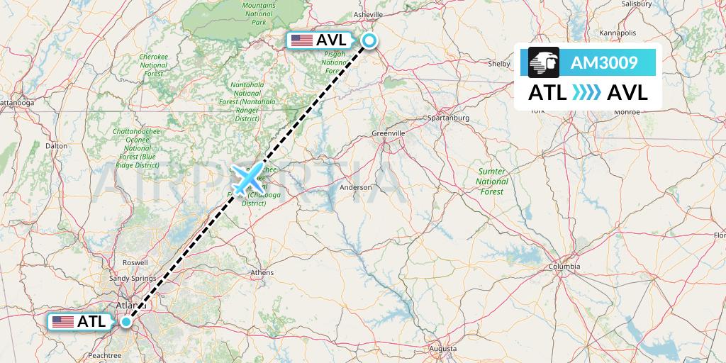 AM3009 Aeromexico Flight Map: Atlanta to Asheville