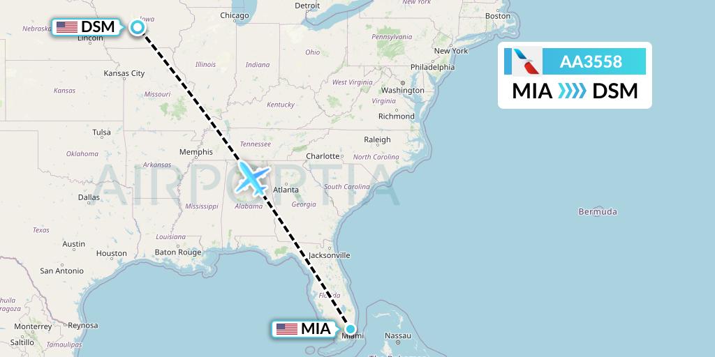 AA3558 American Airlines Flight Map: Miami to Des Moines