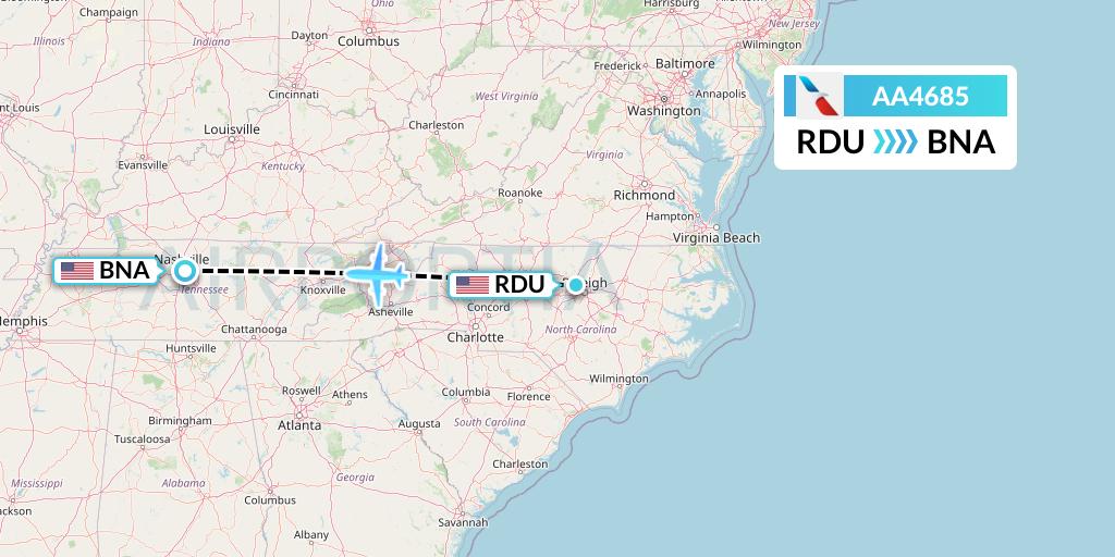 AA4685 American Airlines Flight Map: Raleigh-Durham to Nashville