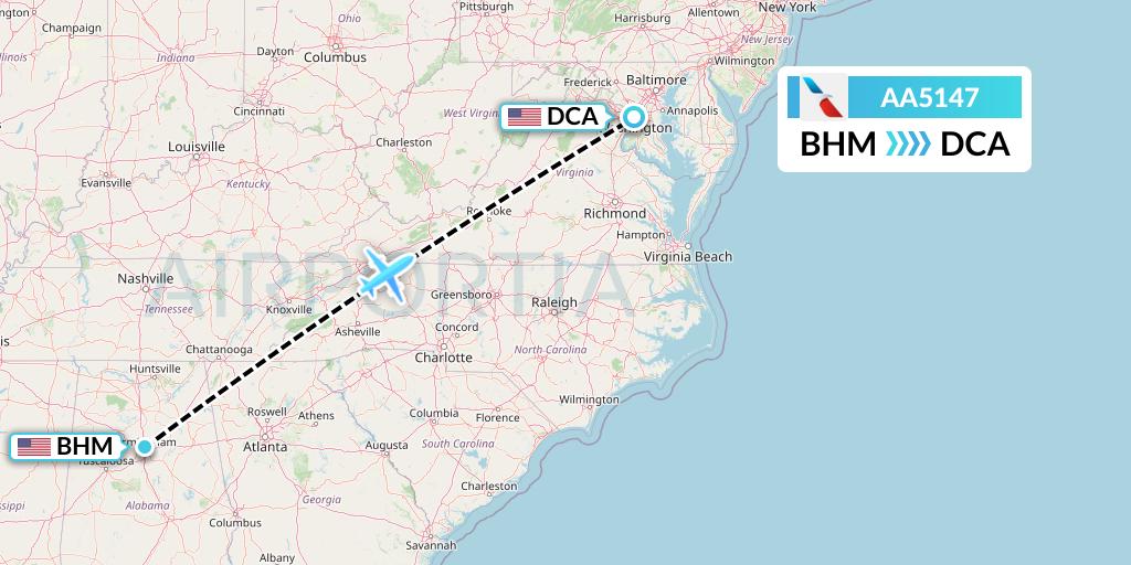 AA5147 American Airlines Flight Map: Birmingham to Washington