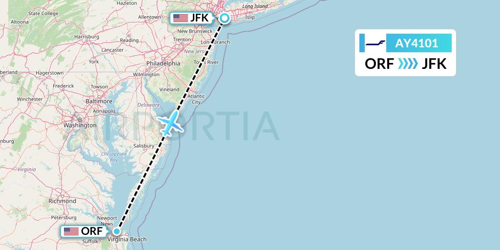 AY4101 Finnair Flight Map: Norfolk to New York