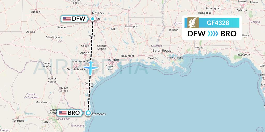 GF4328 Gulf Air Flight Map: Dallas to Brownsville